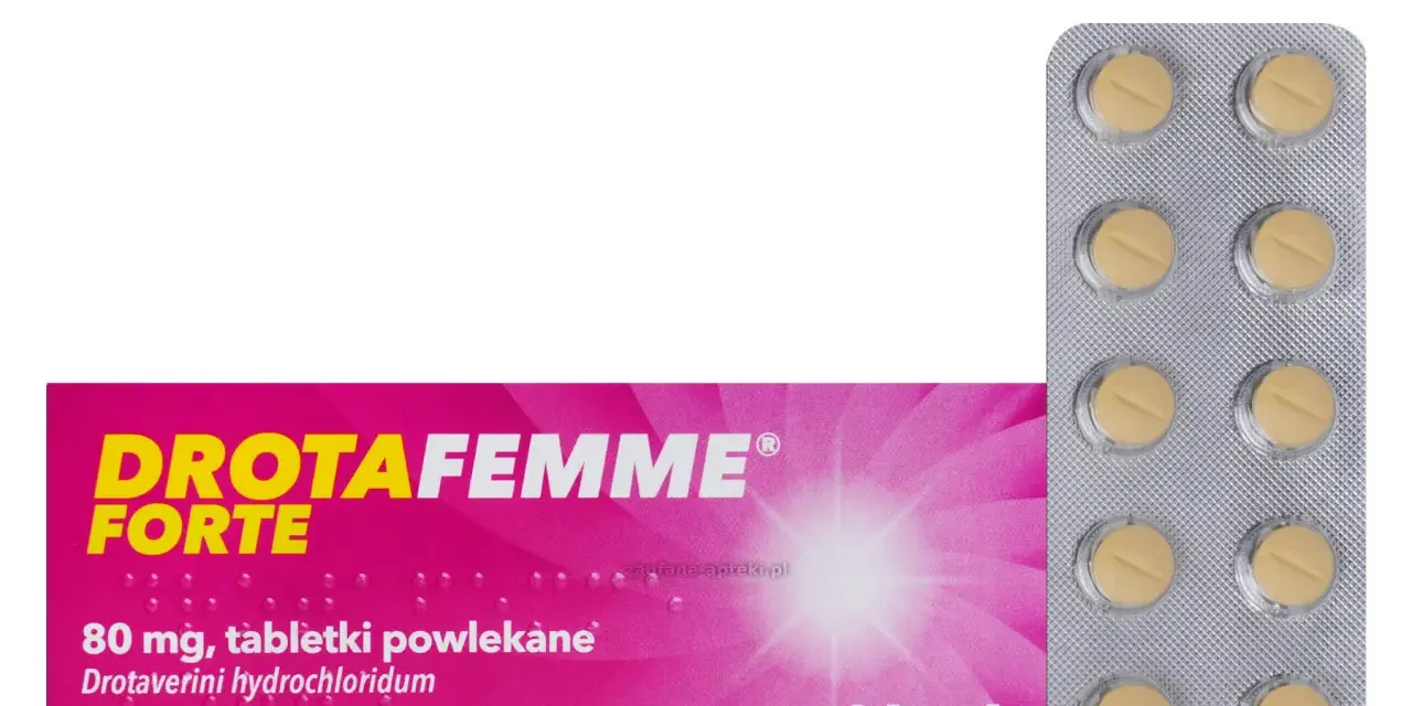 Drotafemme Forte na co pomaga? Opakowanie leku z 20 tabletkami powlekanymi, zawierającymi drotaweryny chlorowodorek.