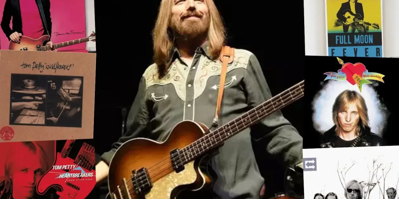 Tom Petty mit Bass, umgeben von Albumcovern wie "Full Moon Fever" und "Wildflowers". Ein Blick auf die Musikikone.