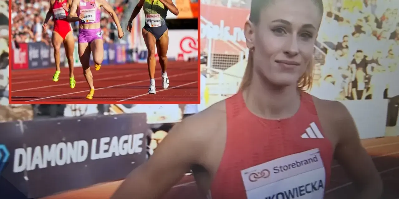 Biegaczki na bieżni, w tle logo Diamond League. Bukowiecka gotowa do startu.