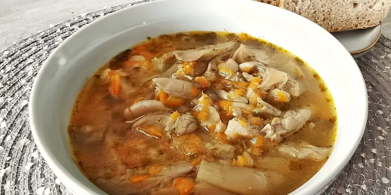 Pyszny przepis na flaczki z boczniaków na rosole. Aromatyczna zupa z grzybów i warzyw, podana z chlebem.