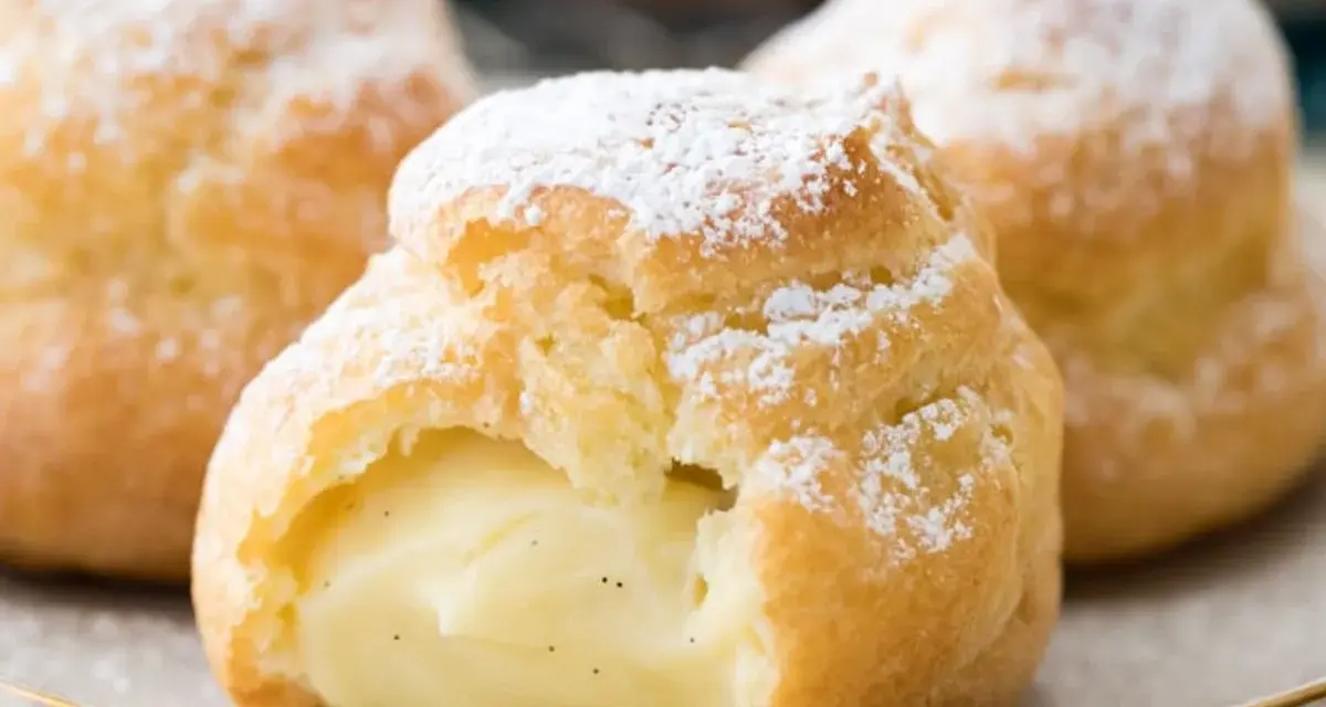 Trois choux à la crème généreusement garnis de crème pâtissière à la vanille, saupoudrés de sucre glace.
