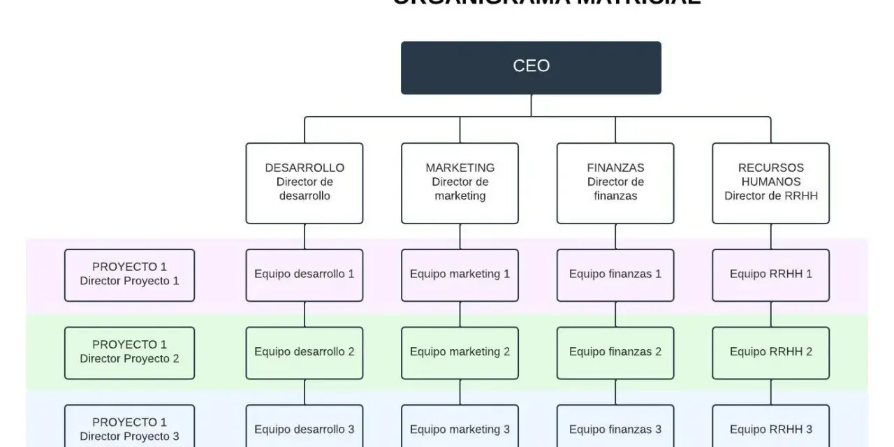 Organigrama matricial con CEO, directores de área (Desarrollo, Marketing, Finanzas, RRHH) y equipos de proyecto. Ejemplos de organigramas.