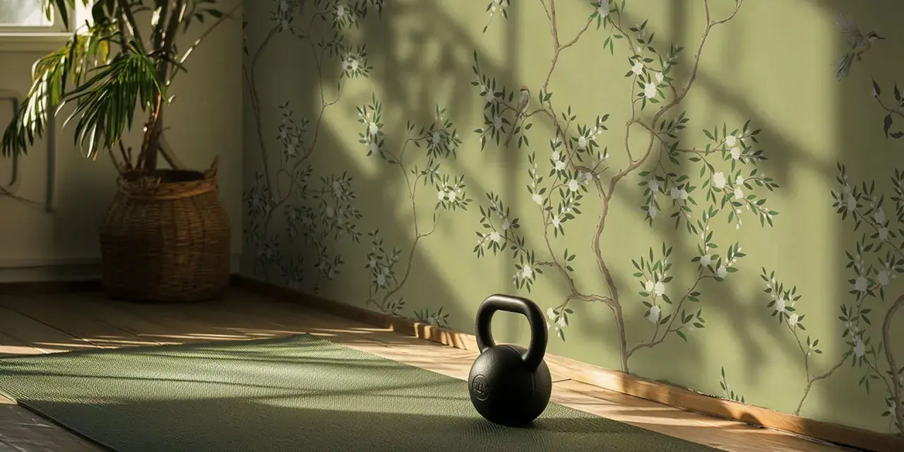 Un espacio de yoga sereno con un papel pintado de ramas floridas y pájaros, reflejando las **últimas tendencias en papel pintado** para un hogar tranquilo.
