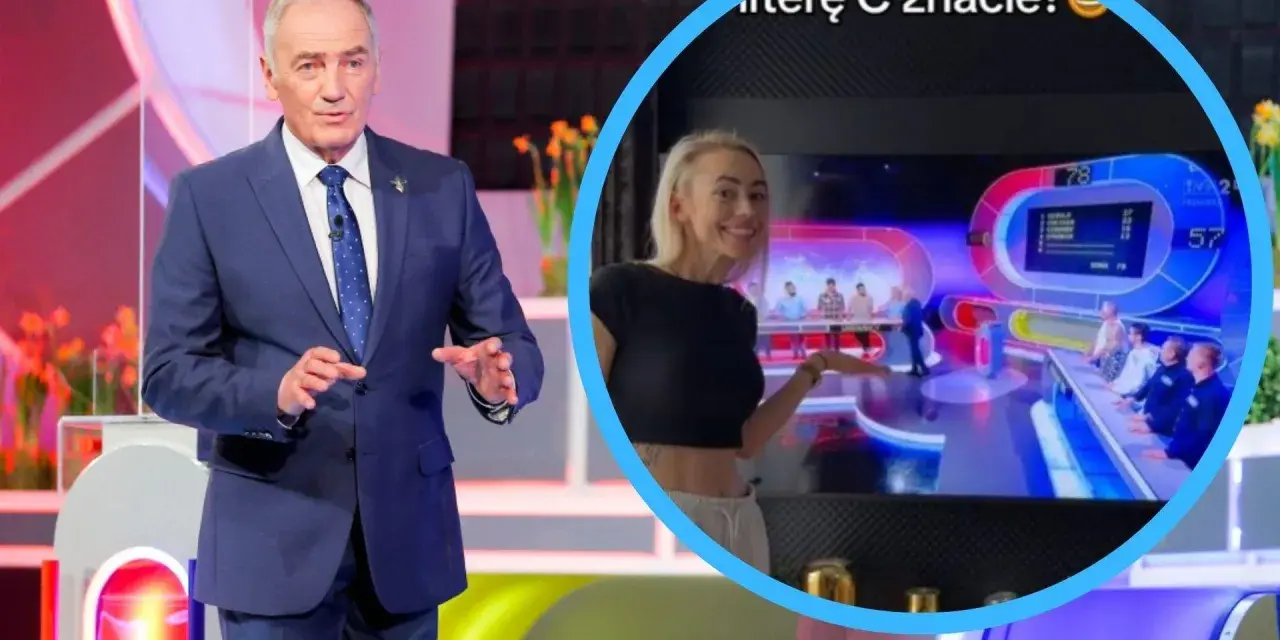 Prowadzący Familiady pyta o rodzaje orzechów. W tle widać uczestników gry i planszę z wynikami.