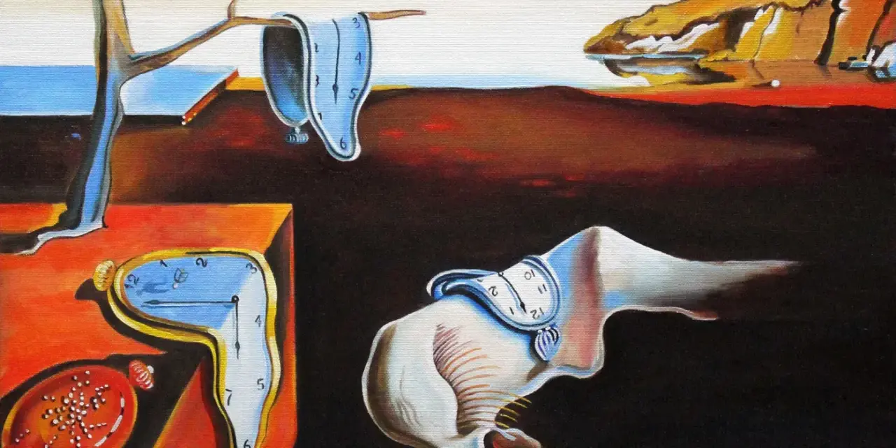 Salvador Dalí "Trwałość pamięci" - surrealistyczny krajobraz z topiącymi się zegarami, symbolem ulotności czasu.