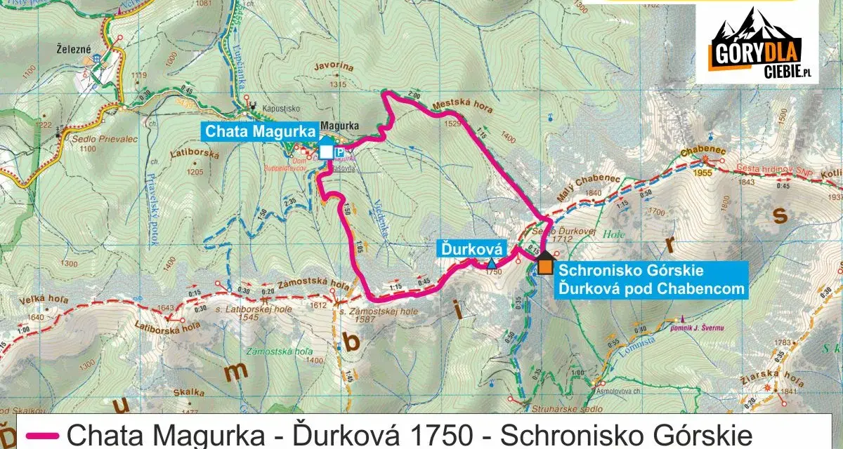 Mapa szlaków w Niżnych Tatrach: Chata Magurka, Ďurková, Schronisko Górskie Ďurková pod Chabencom, Mestská hora.