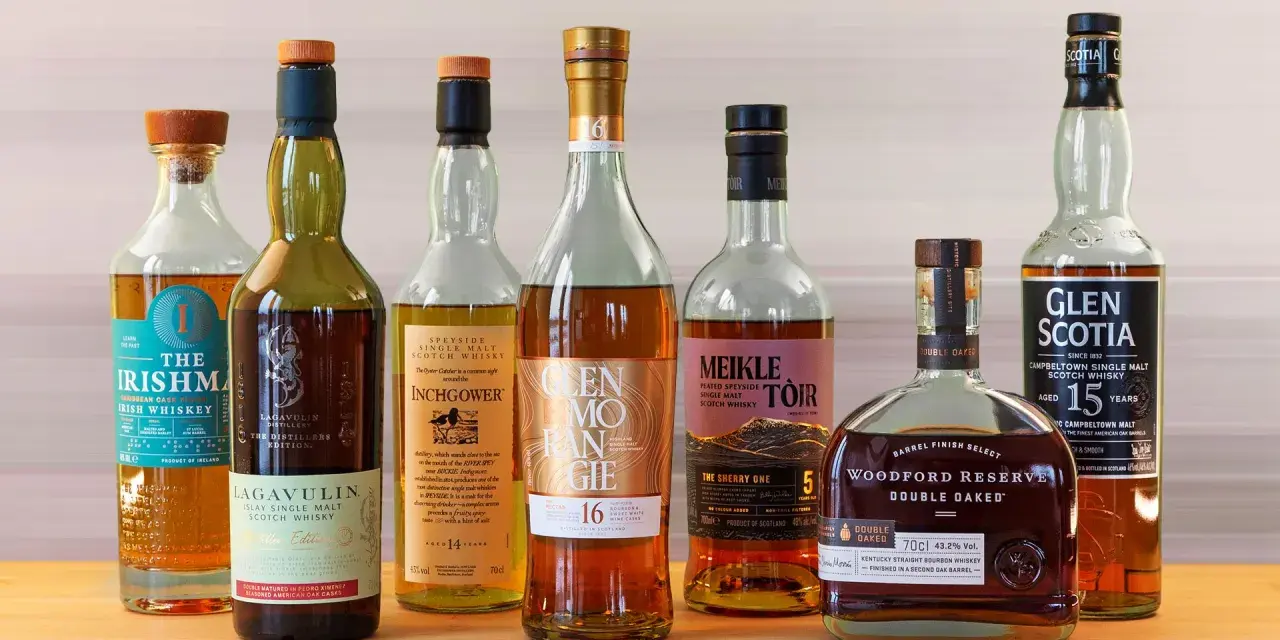 Eine Auswahl von sieben Flaschen, darunter Irish Whiskey und Scotch, die zu den top 10 besten Whisky zählen könnten.