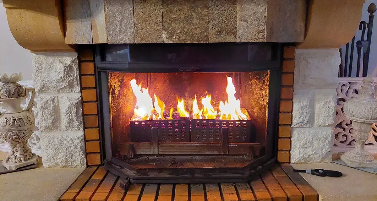 Chimenea de leña con llamas vibrantes. El fuego ilumina el interior de la chimenea, creando un ambiente acogedor. Los pellets en la base de la chimenea se queman, alimentando las llamas.
