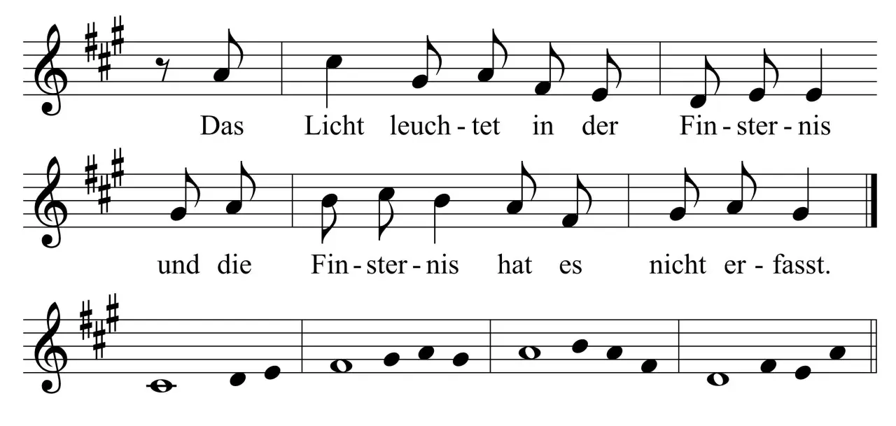 Notenblatt mit Text: "Das Licht leuchtet in der Finsternis und die Finsternis hat es nicht erfasst." Ein musikalischer Ausdruck von Psalm 123.