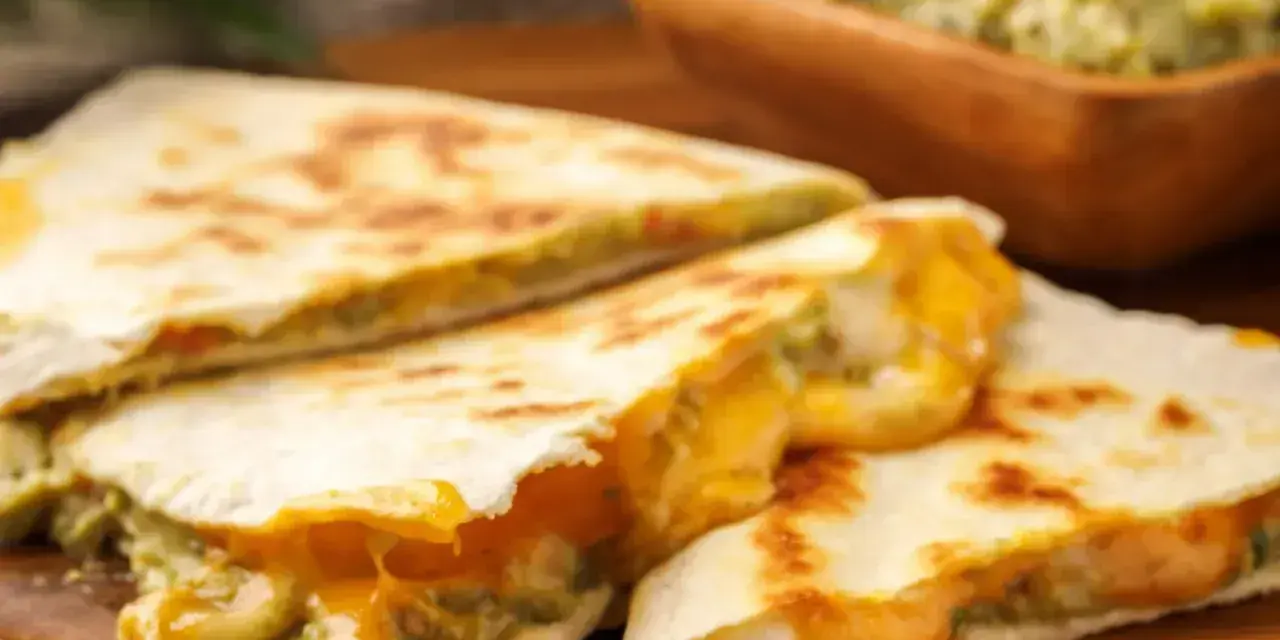 Pyszne quesadillas z roztopionym serem i guacamole. Idealna, fajna szybka kolacja na drewnianej desce.
