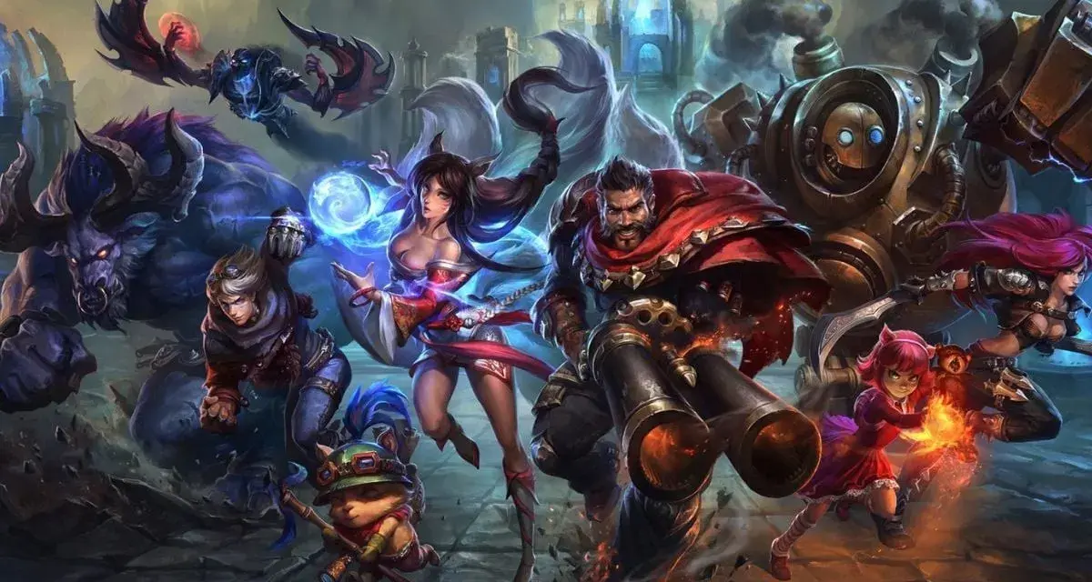 Grupa bohaterów League of Legends, w tym Ahri, Darius i robot, na tle bitewnym.