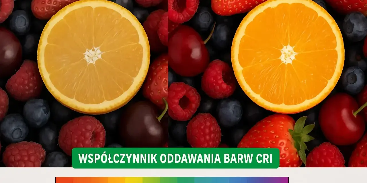 Kolorowe owoce: truskawki, maliny, borówki, wiśnie i pomarańcze. Poniżej skala z oznaczeniem współczynnik oddawania barw CRI.