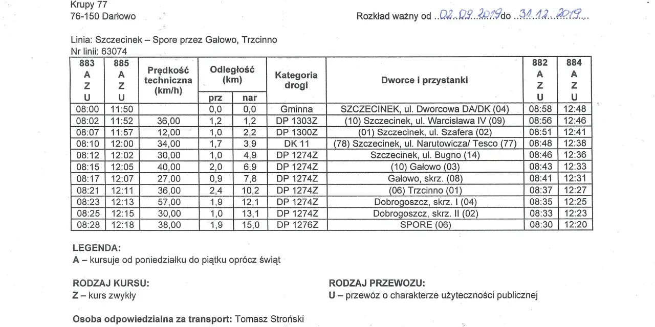 PKS Szczecinek rozkład jazdy linii 63074 Szczecinek – Spore przez Gałowo, Trzcinno. Tabela zawiera godziny odjazdów, odległości i nazwy przystanków.