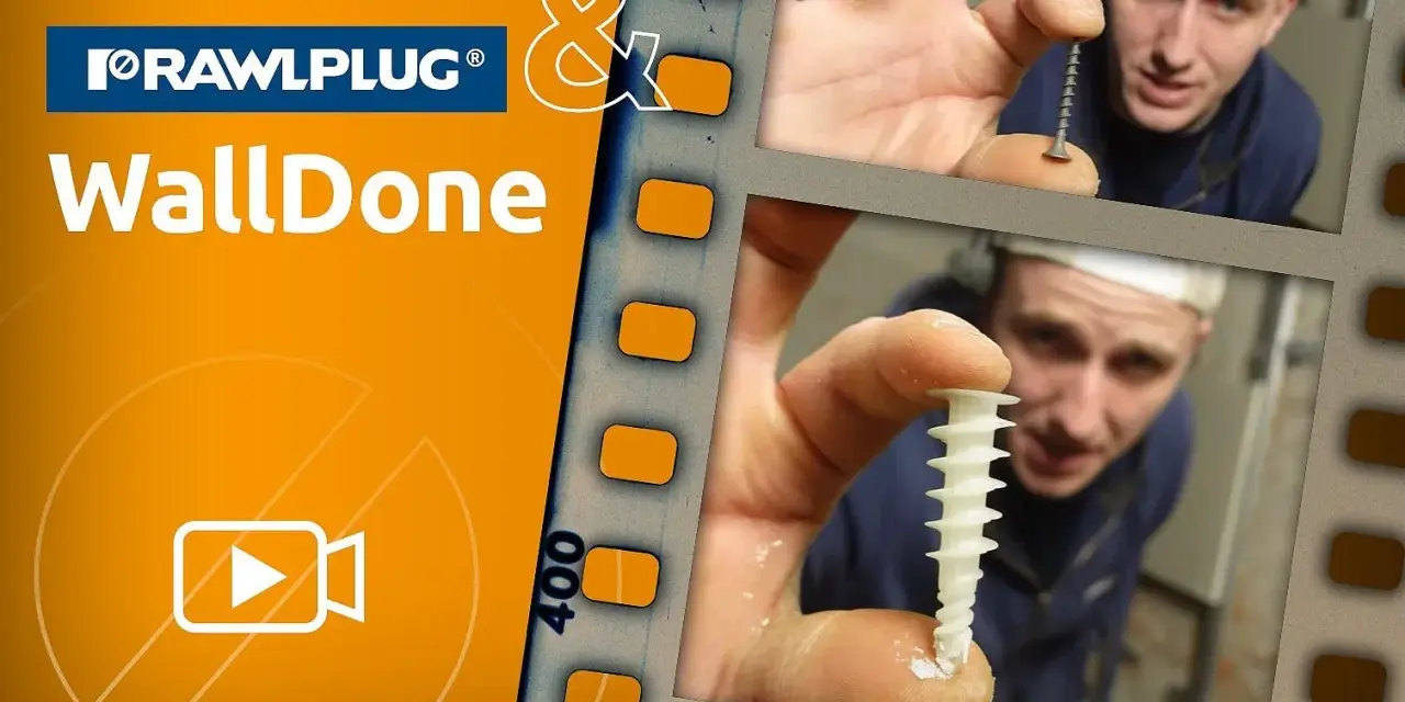 Jakie kołki do GK? Ręce pokazują śrubę i kołek rozporowy. Logo Rawlplug i napis WallDone.