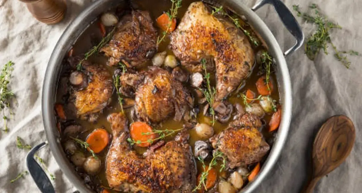 En mustig gryta med kyckling, morötter och svamp, perfekt för att servera med ett gott vin till coq au vin.