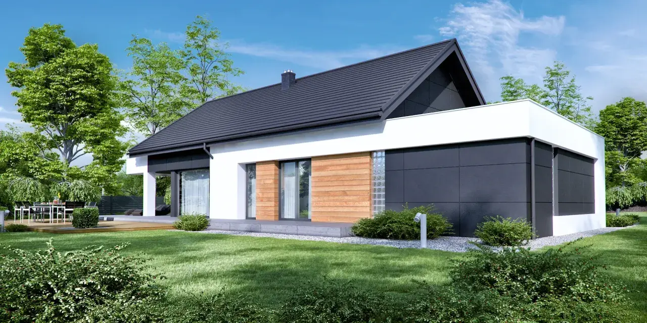 Nowoczesny dom z drewna i białego tynku, projekt homekoncept 44, otoczony zielenią.