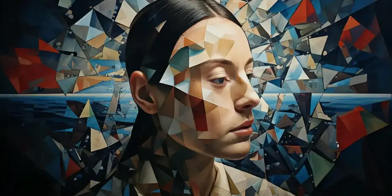 Portret kobiety, której twarz i ciało są fragmentowane w geometryczną projekcję. Tło tworzy abstrakcyjny krajobraz morski.