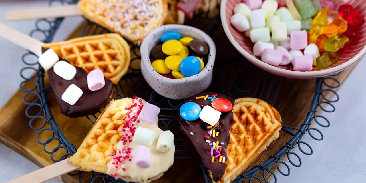 Herzförmige Waffeln am Stiel, dekoriert mit Schokolade, Marshmallows und Streuseln. Ein süßes Rezept für Waffeln am Stiel!