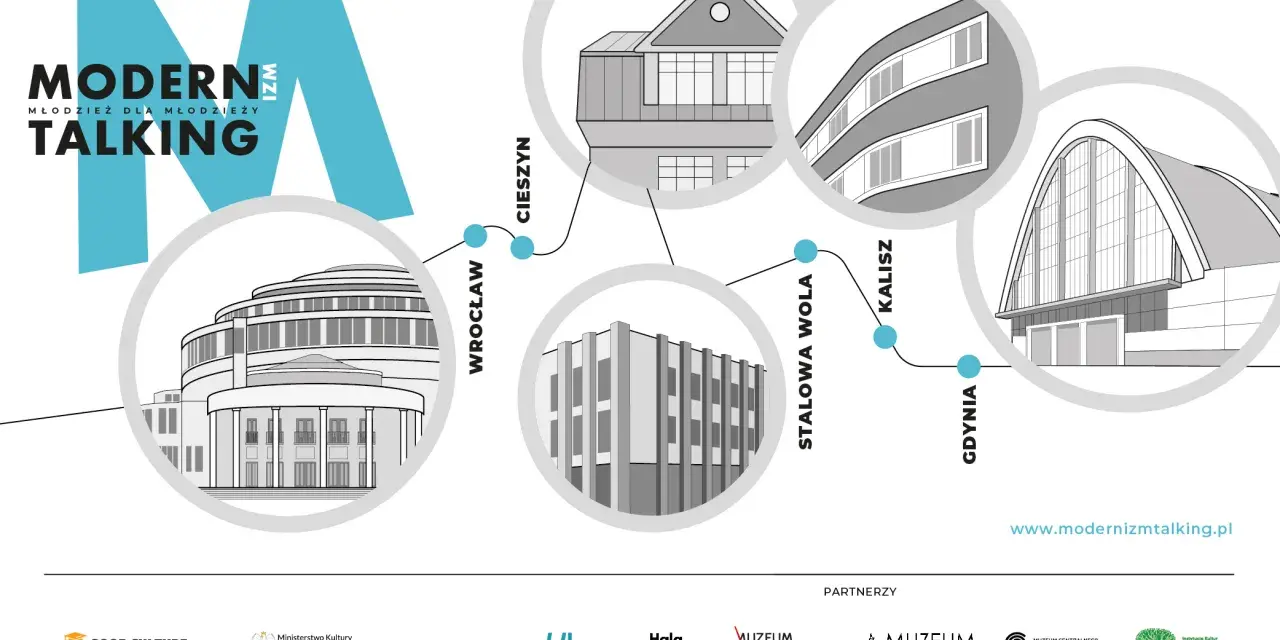 Grafika przedstawia mapę z zaznaczonymi punktami: Wrocław, Cieszyn, Stalowa Wola, Kalisz i Gdynia. Ilustracje budynków symbolizują modernizm w Gdyni i innych miastach.