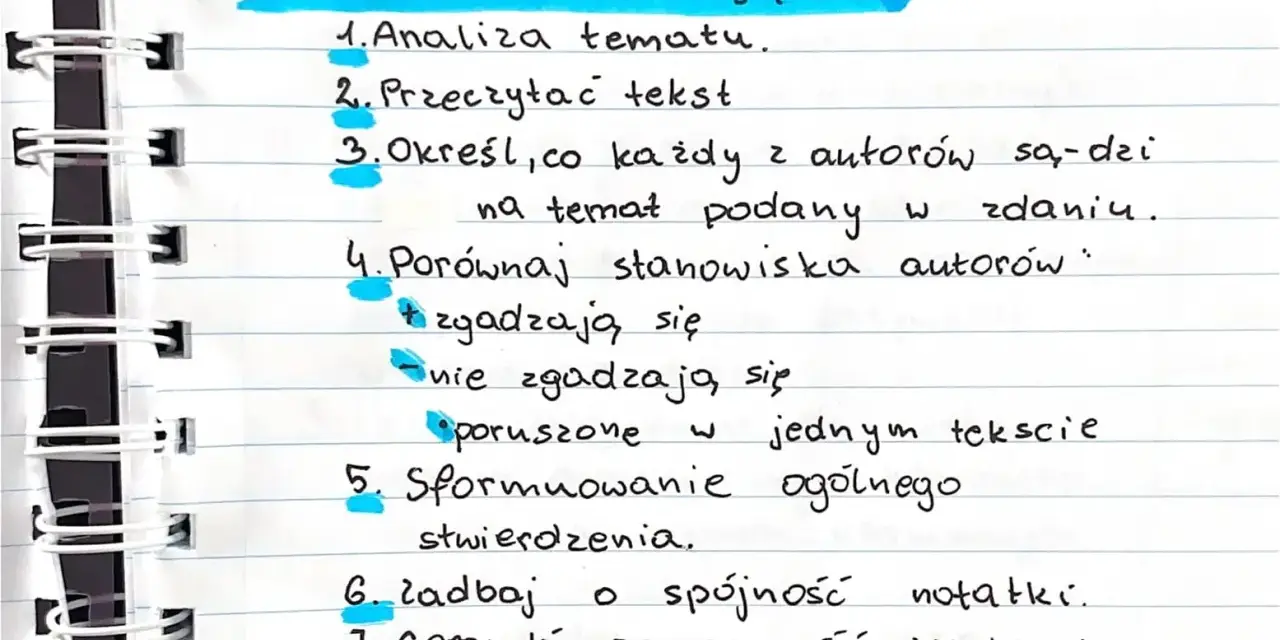 Schemat notatki syntetyzującej: analiza tematu, czytanie tekstu, określanie stanowisk autorów, porównywanie ich, formułowanie wniosków i dbanie o poprawność.