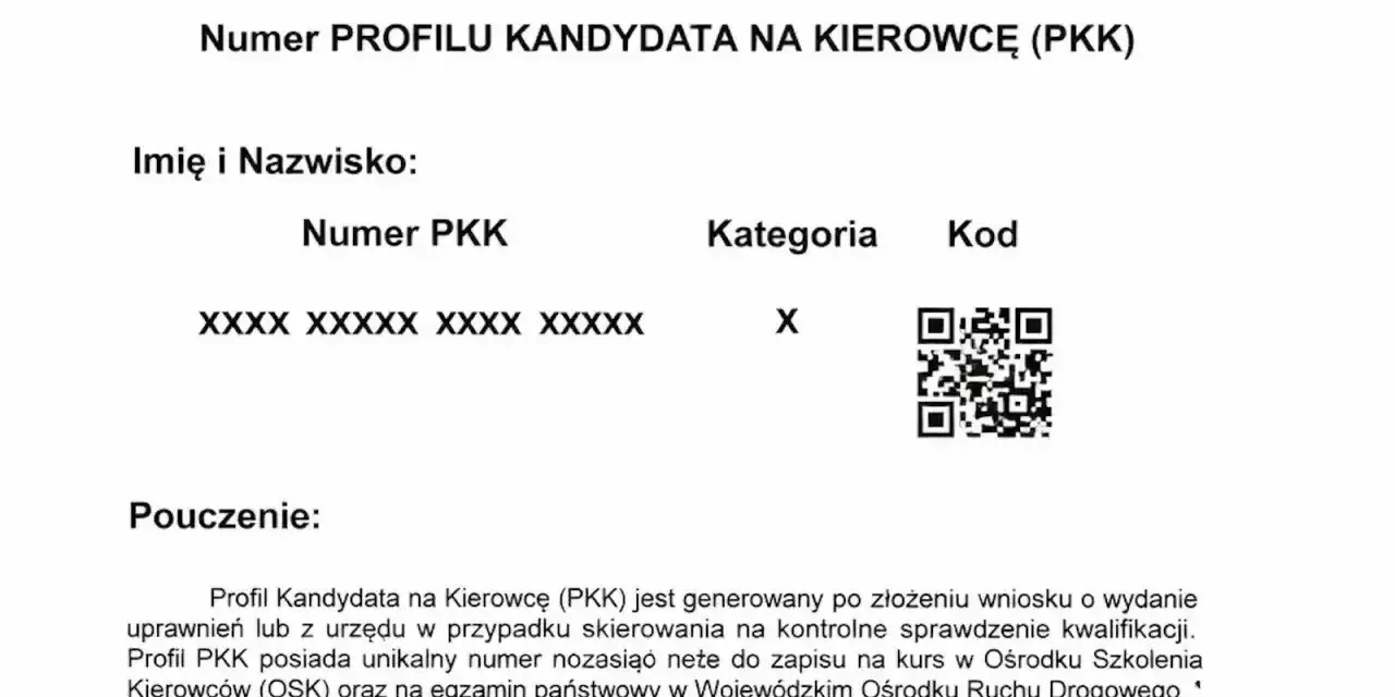 Numer PKK, kategoria X i kod QR na dokumencie Profilu Kandydata na Kierowcę.