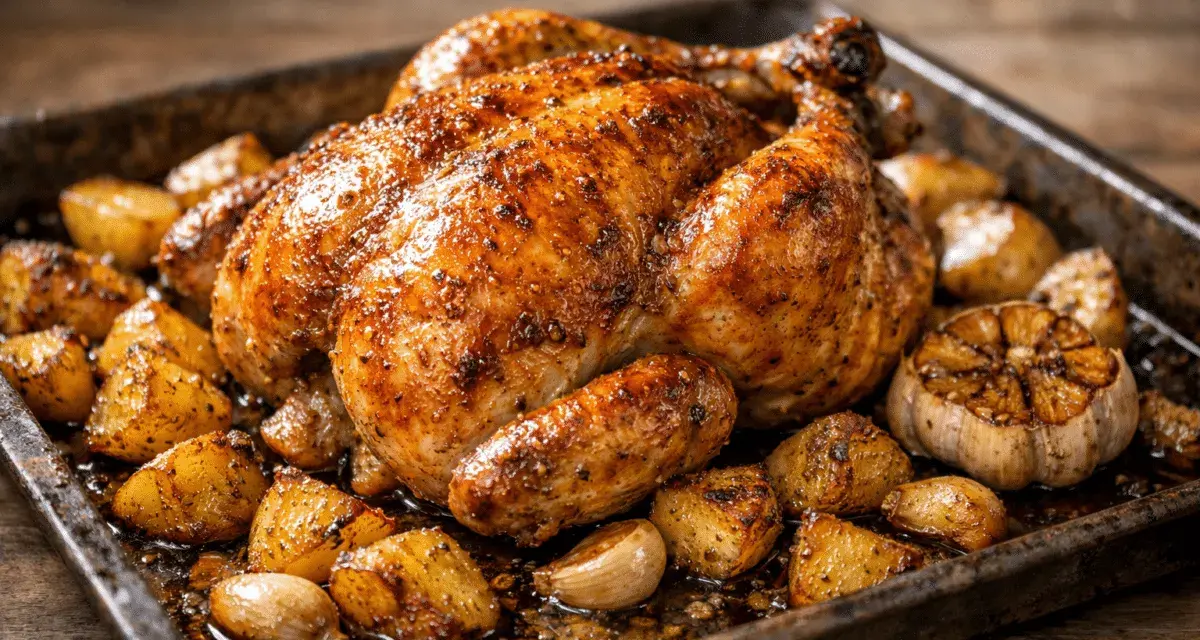 Pollo troceado al horno jugoso, dorado y crujiente, acompañado de patatas asadas y ajos enteros.