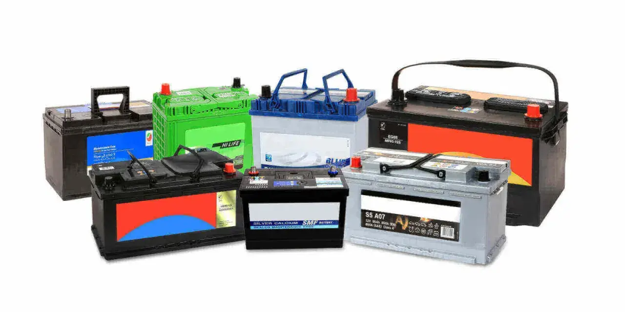 A variety of car battery types are displayed, including sealed maintenance-free and silver calcium models, ready to power your vehicle.