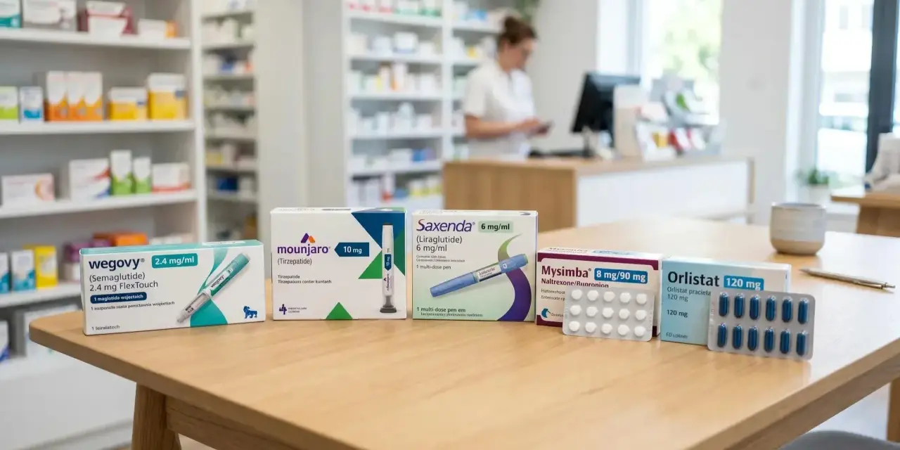 Leki na otyłość: Wegovy, Mounjaro, Saxenda, Mysimba, Orlistat na stole w aptece.