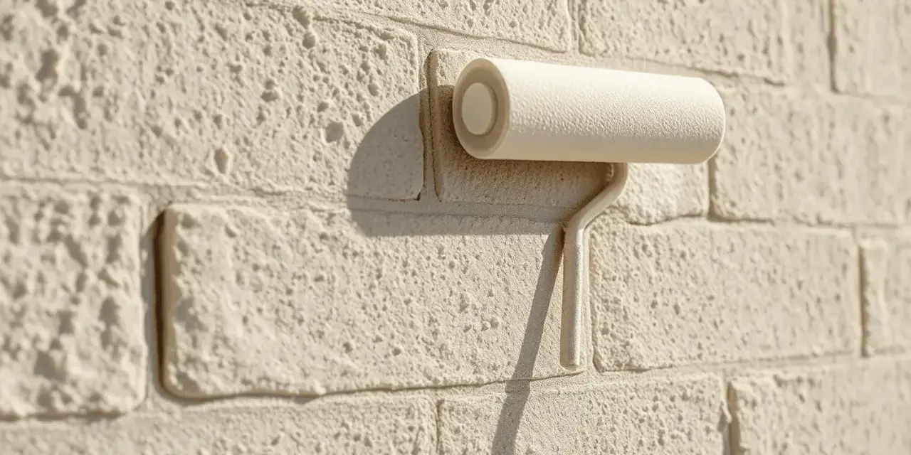 Rouleau à peinture sur un mur en parpaing texturé de couleur crème.