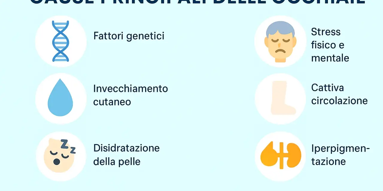 Le cause principali delle occhiaie includono fattori genetici, invecchiamento cutaneo, disidratazione, stress, cattiva circolazione e iperpigmentazione.
