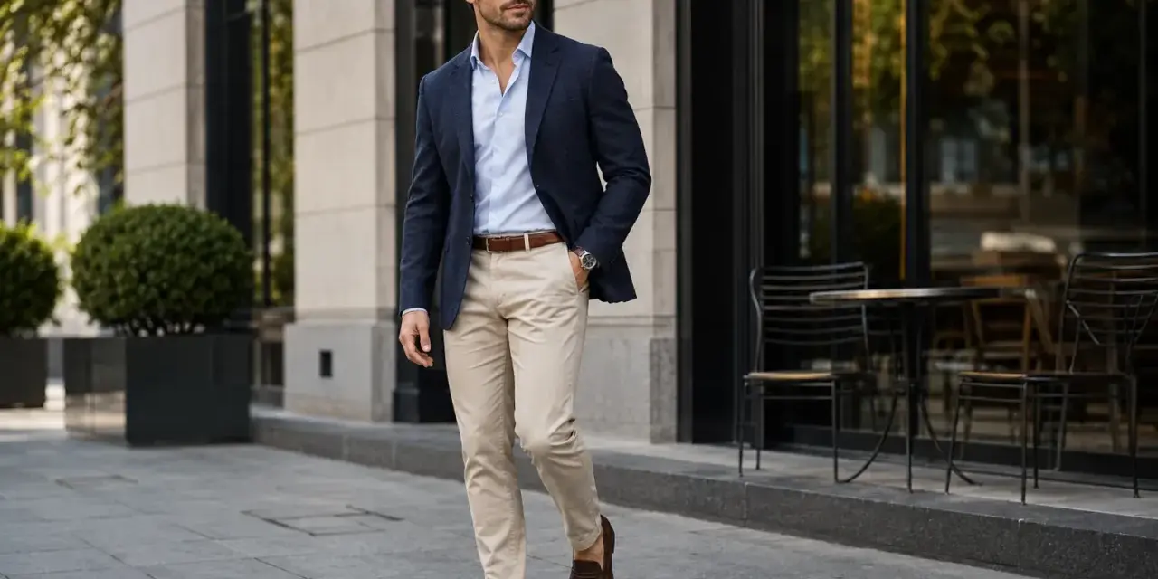 Mężczyzna w granatowej marynarce, błękitnej koszuli i beżowych spodniach prezentuje styl smart casual.
