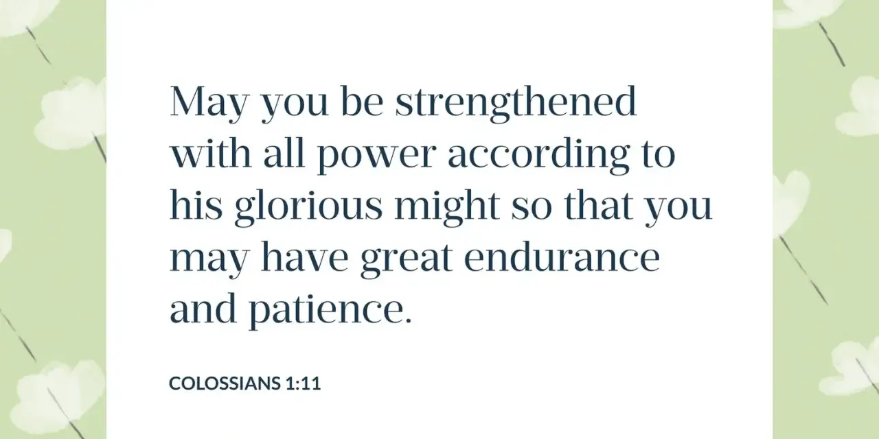 A verse from Colossians 1:11 on a light green floral background, reminding us that David encouraged himself in the Lord, finding strength and patience.