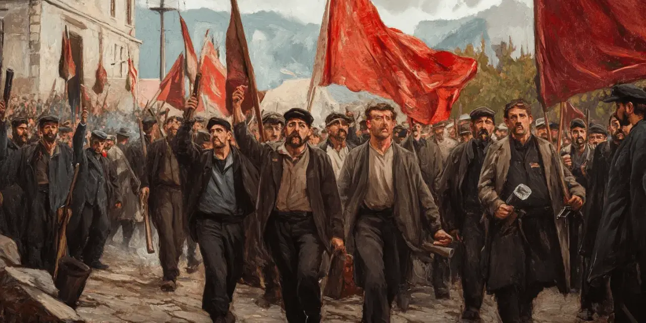 Manifestación de obreros con banderas rojas, evocando el bienio radical cedista. Hombres con gorras y ropas oscuras marchan con determinación.