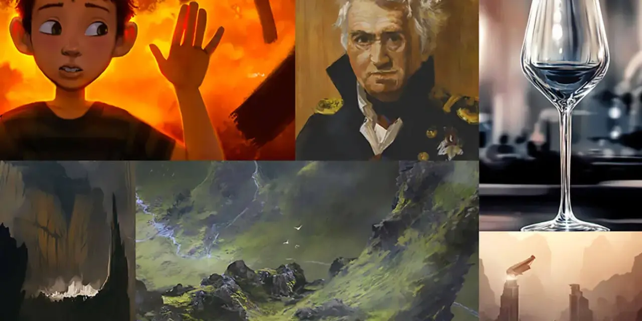 Collage d'œuvres de formation digital painting : un garçon effrayé, un portrait d'amiral, un verre, un paysage montagneux, et des ruines futuristes.