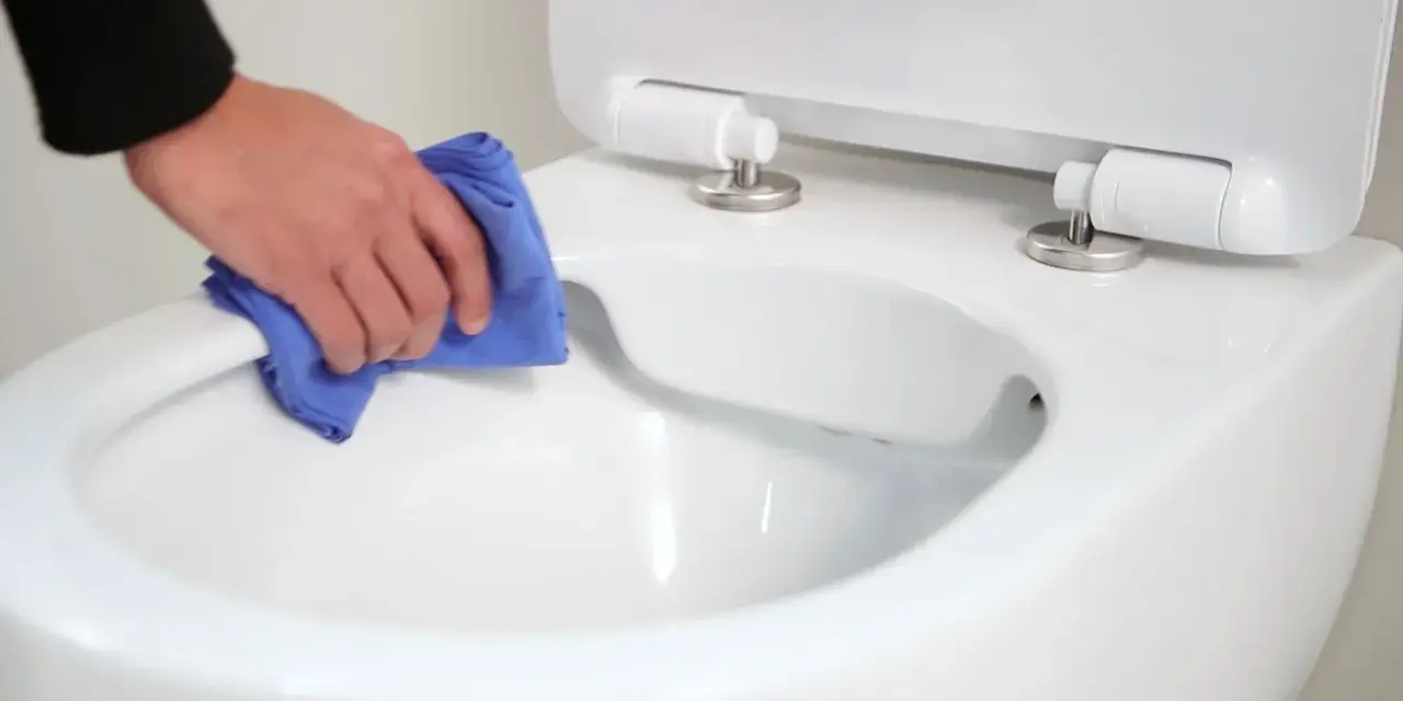 Main propre avec un chiffon bleu, nettoyant le bord d'un wc avec bride ou sans bride.