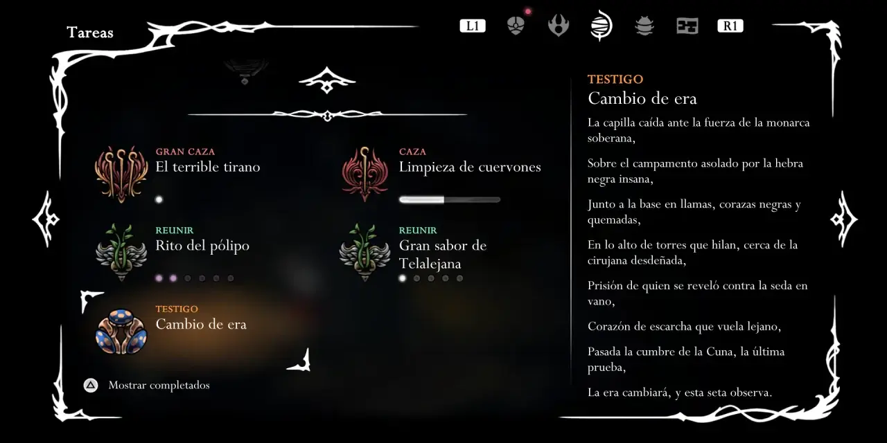Menú de tareas de Hollow Knight. Se muestra la entrada "TESTIGO: Cambio de era", con un icono de hongo y texto poético.