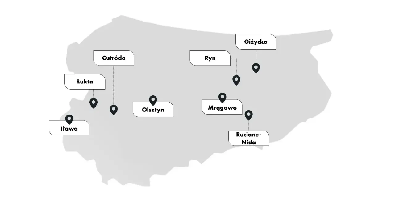 Mapa z zaznaczonymi mazury miasta: Ostróda, Łukta, Iława, Olsztyn, Ryn, Giżycko, Mrągowo, Ruciane-Nida.
