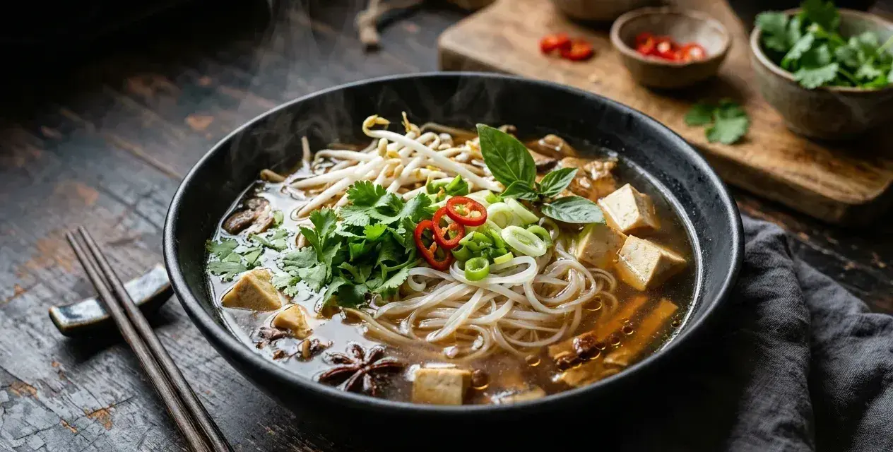Gorący, aromatyczny makaron pho z tofu, kiełkami fasoli, kolendrą i chili, paruje na drewnianym stole.