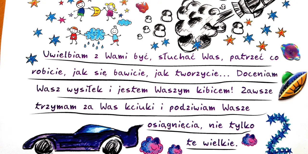 List do dziecka wzór: rysunki dzieci, rakieta, samochód i gwiazdki. Kocham Was!