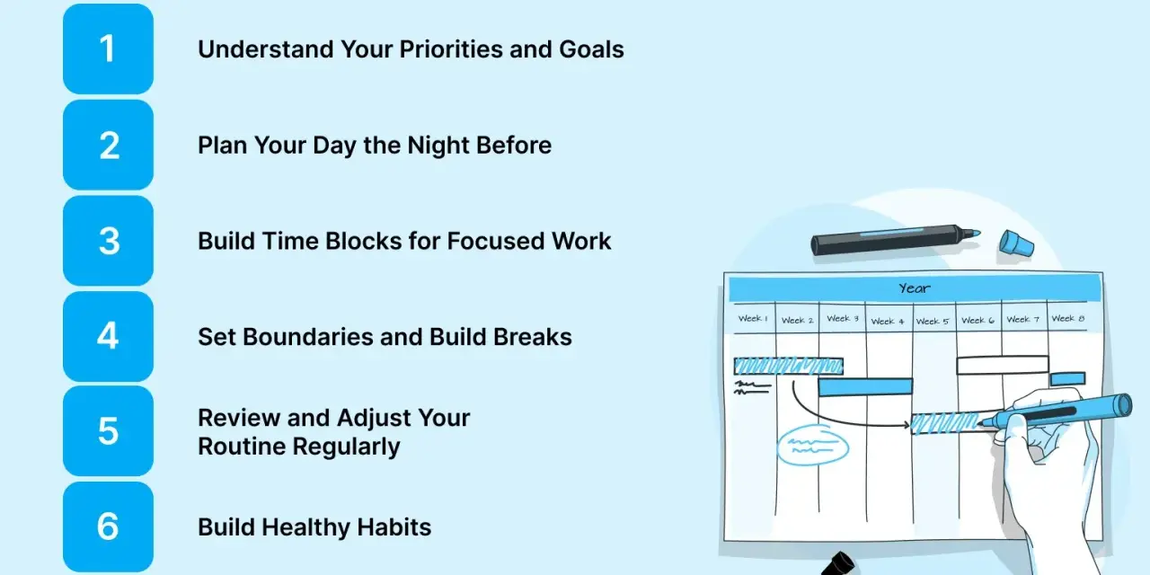 Steps to create structure in your life: prioritize, plan, time block, set boundaries, review, and build habits. A calendar visualizes this process.