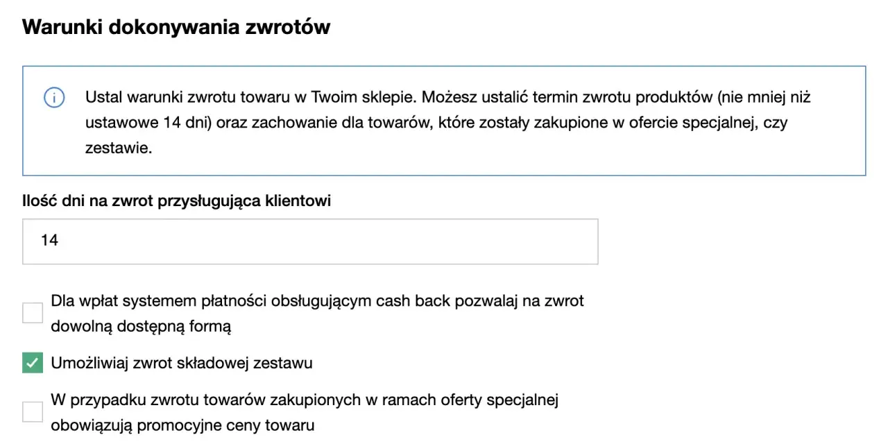 Ustaw termin zwrotu produktów na 14 dni. Określ ile czasu na rozpatrzenie reklamacji mają klienci.