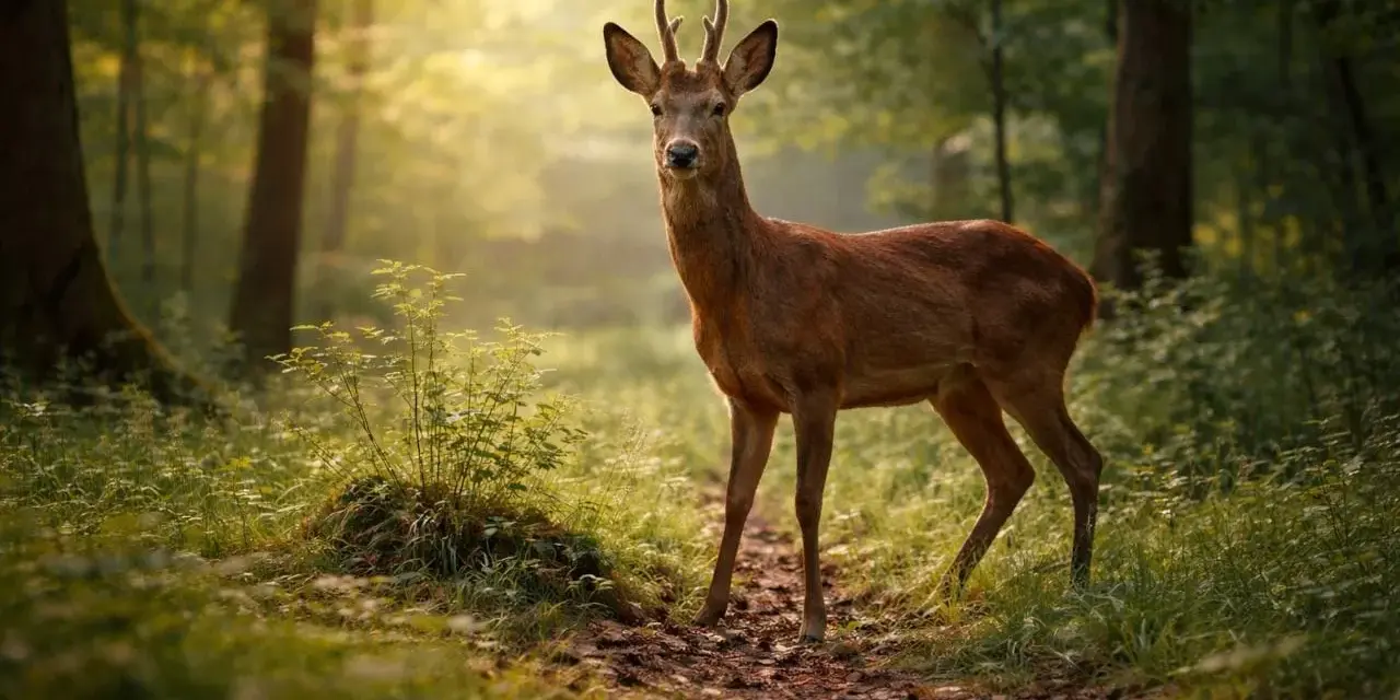 Un jeune cerf, membre de la famille du chevreuil, se tient sur un sentier forestier baigné de soleil.