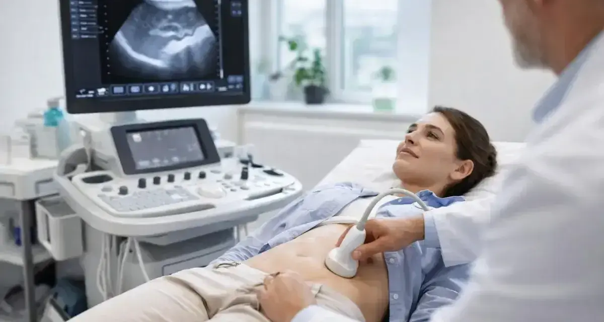Lekarz wykonuje usg jamy brzusznej pacjentce. Na ekranie widoczny obraz narządów.