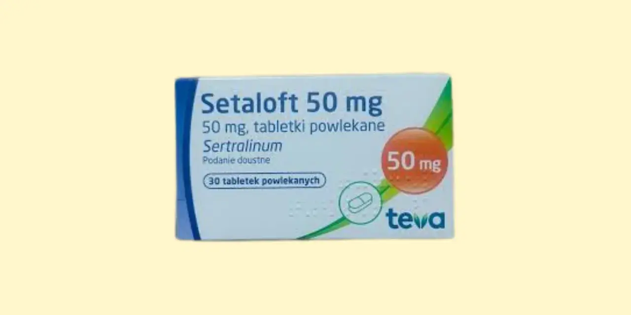Opakowanie leku Setaloft 50 mg, zawierające 30 tabletek powlekanych z sertraliną, stosowane w leczeniu depresji i innych schorzeń.