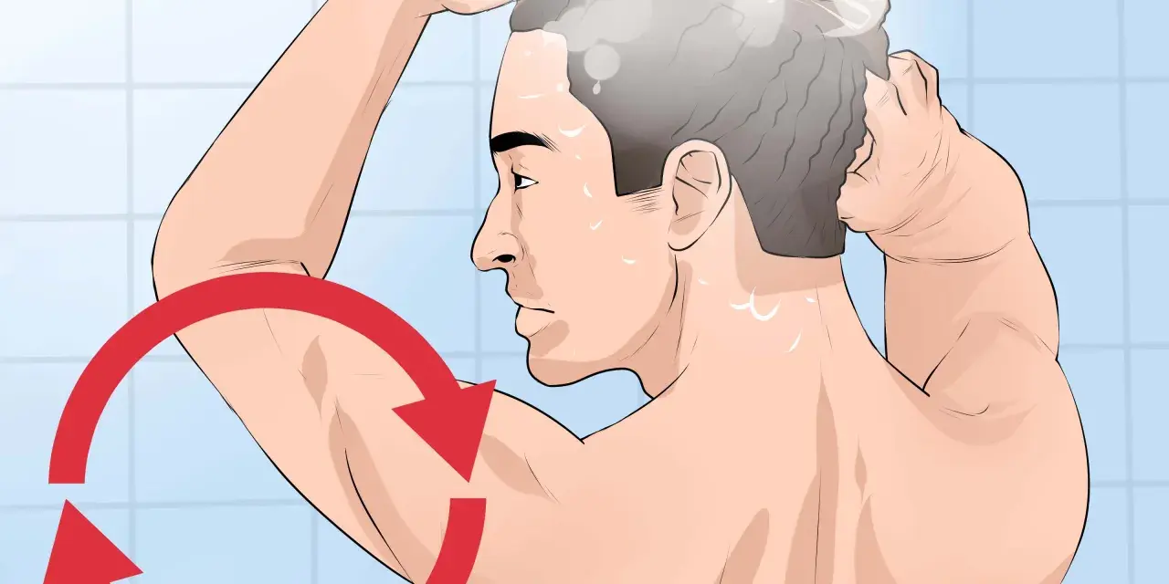 Hombre lavándose el cabello en la ducha, con un círculo rojo indicando un movimiento repetitivo, como si fuera un grano interno que necesita atención.