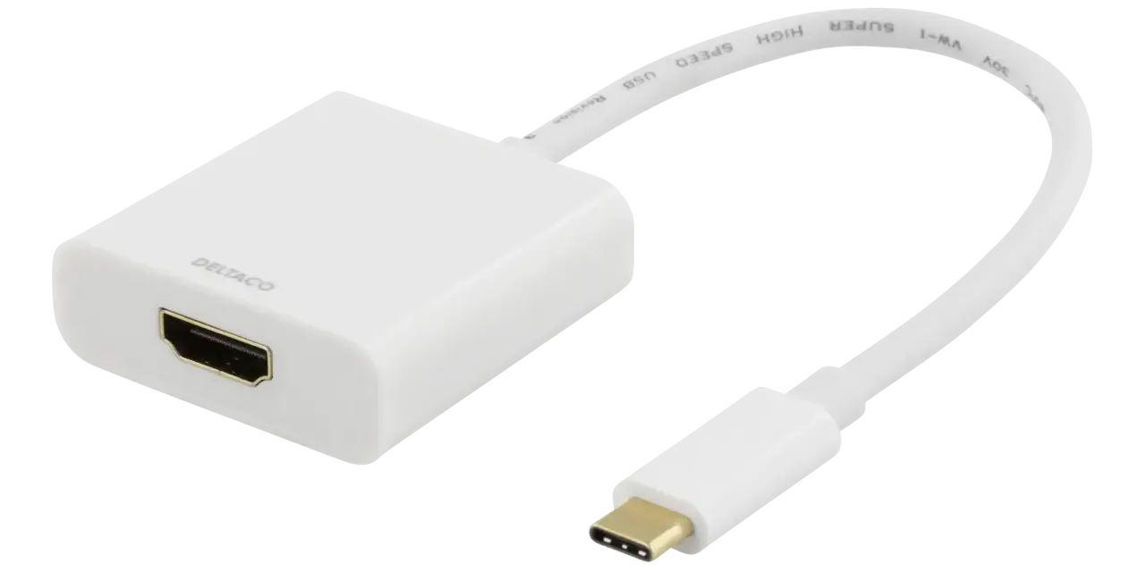 En vit Deltaco-adapter med en micro usb till hdmi-kontakt. Perfekt för att koppla din enhet till en större skärm.