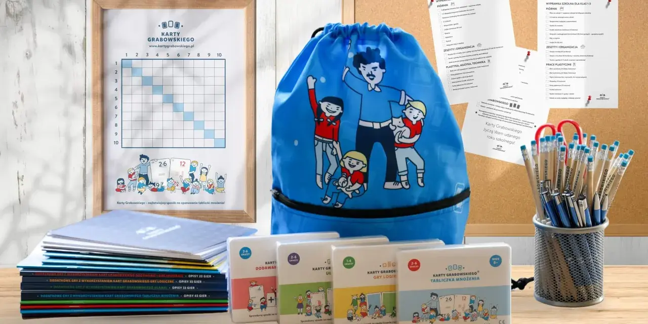 Wyprawka szkolna lista: gry edukacyjne, worek na buty, zeszyty i przybory plastyczne. Idealne do nauki tabliczki mnożenia.