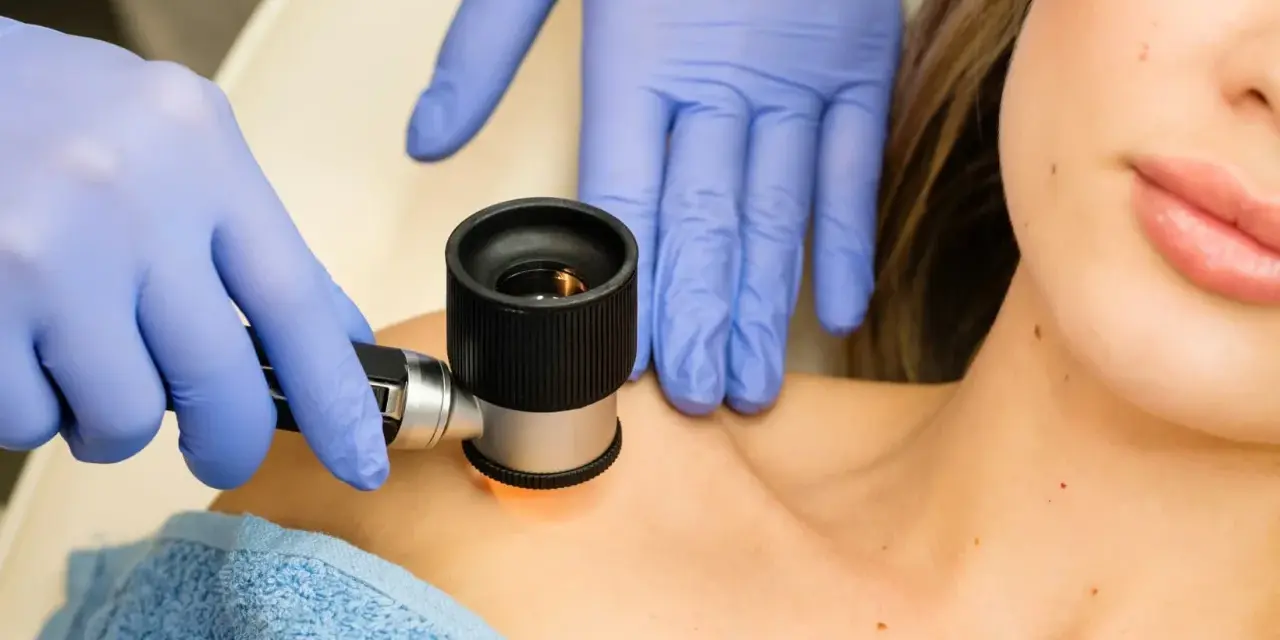 Dermatolog w niebieskich rękawiczkach wykonuje wideodermatoskopię znamion na szyi pacjentki.