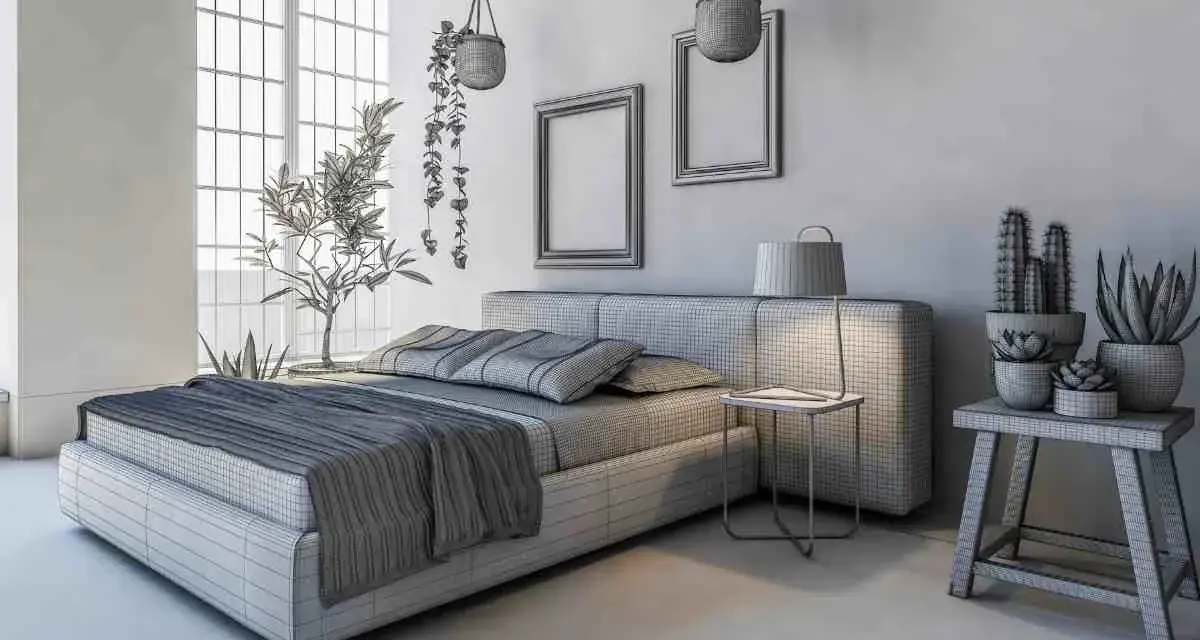 Un letto grigio chiaro con copriletto coordinato, cuscini a righe e piante decorative. Un'atmosfera rilassante per ogni camera.