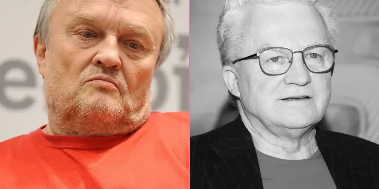 Dwa portrety mężczyzn. Po lewej w kolorze, w czerwonej bluzce. Po prawej czarno-biały, w okularach. Krzysztof Cugowski nie żyje.